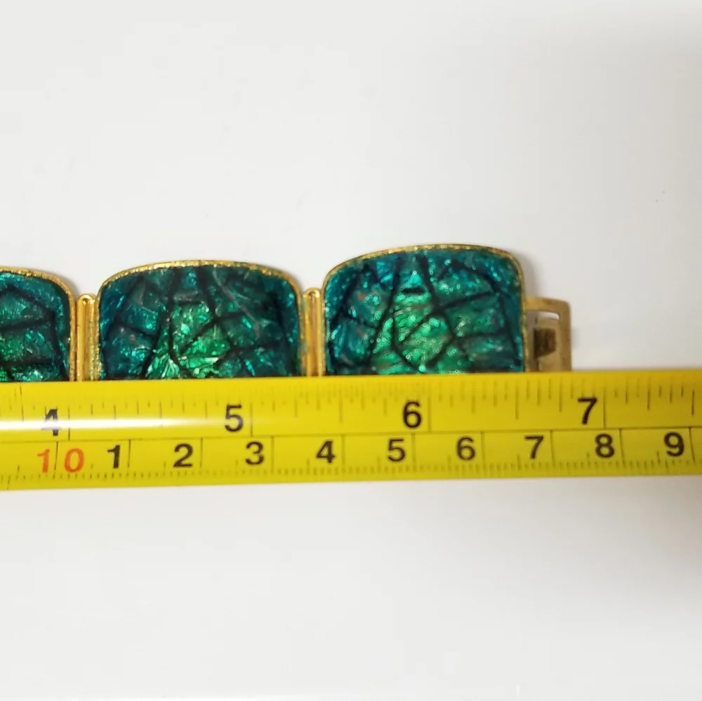 Vintage Aqua Blue and Green Enamel Square Bracelet & Earring Set Boho Chic